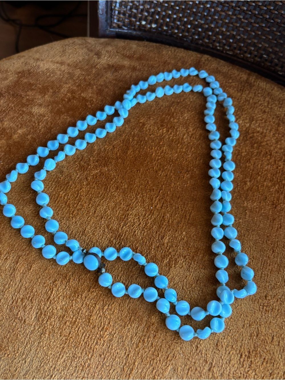 Vintage Germany Light Blue Glass Bead Necklace 57” Knotted Beads MCM